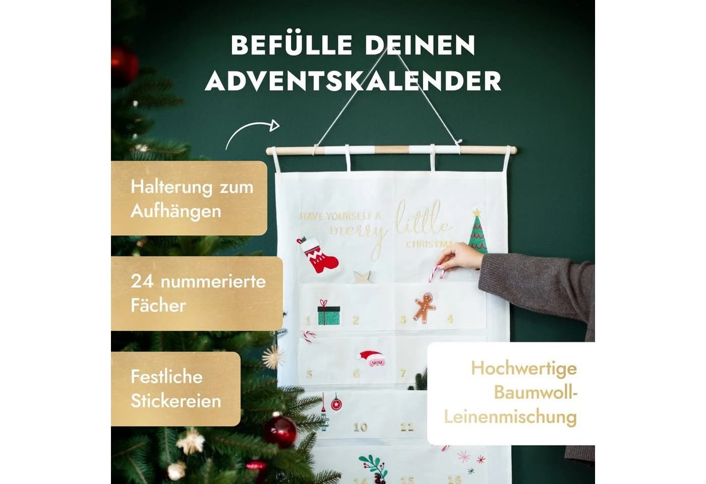 Amari befüllbarer Adventskalender Wandkalender 24 Fächer Gold Stoff