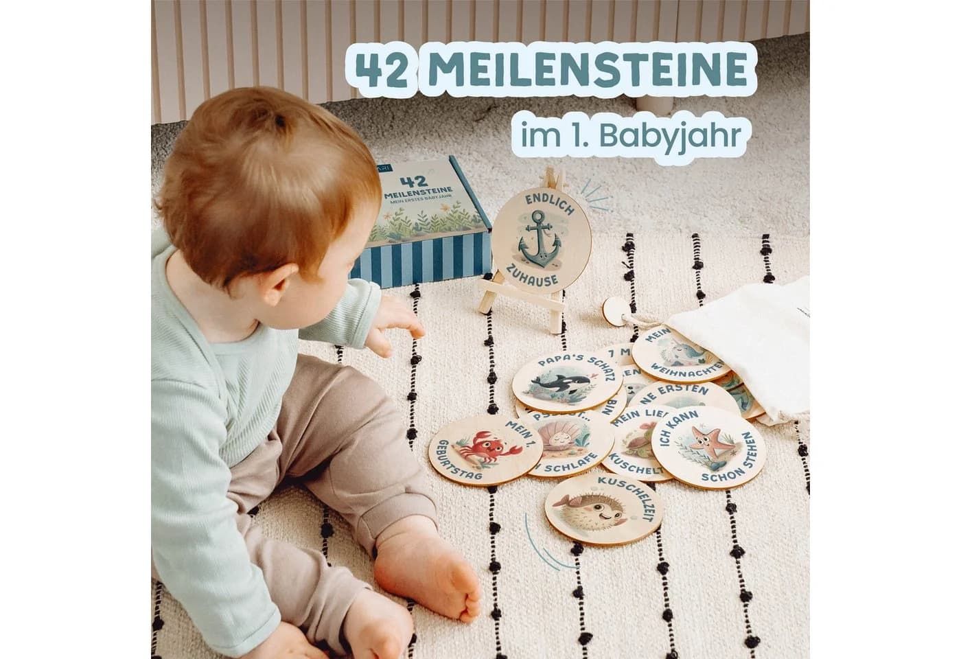 Amari Geburtskarte 42 Meilensteinkarten Unterwasserwelt Baby aus Holz