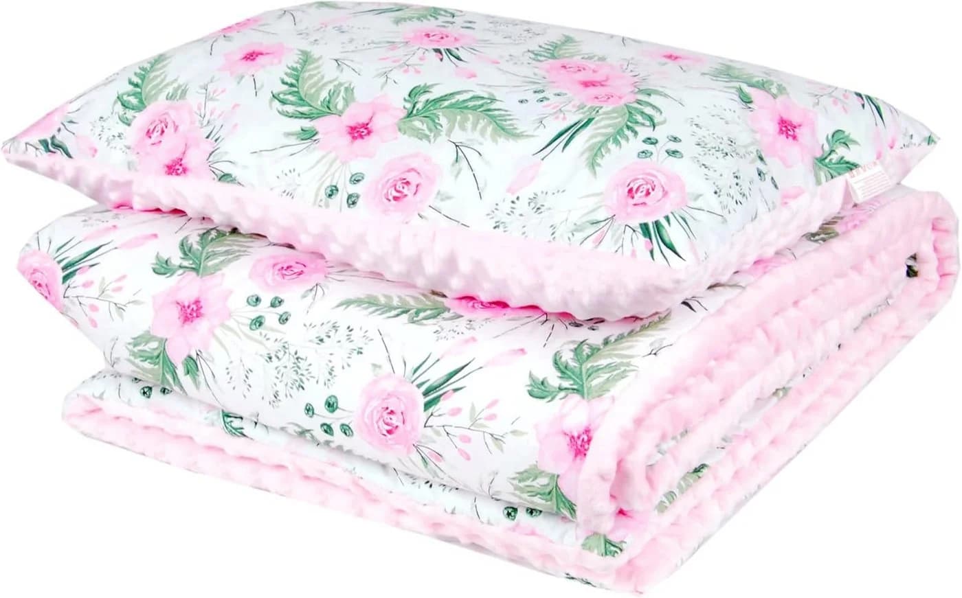 BabyLux Kuscheldecke Rosa + Blumen mit Kissen Minky