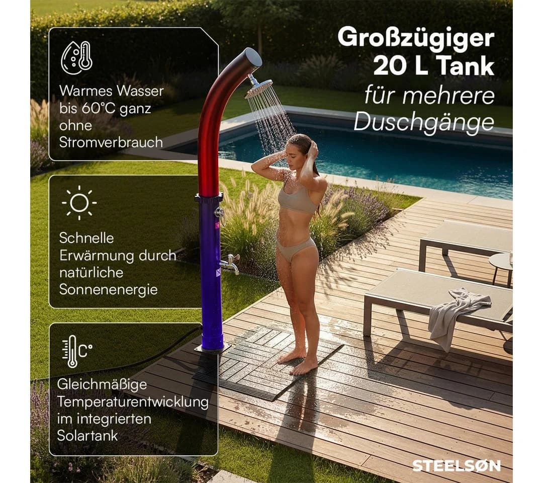 STEELSØN Solardusche Selara Schwarz mit Regenduschkopf und Fußhahn