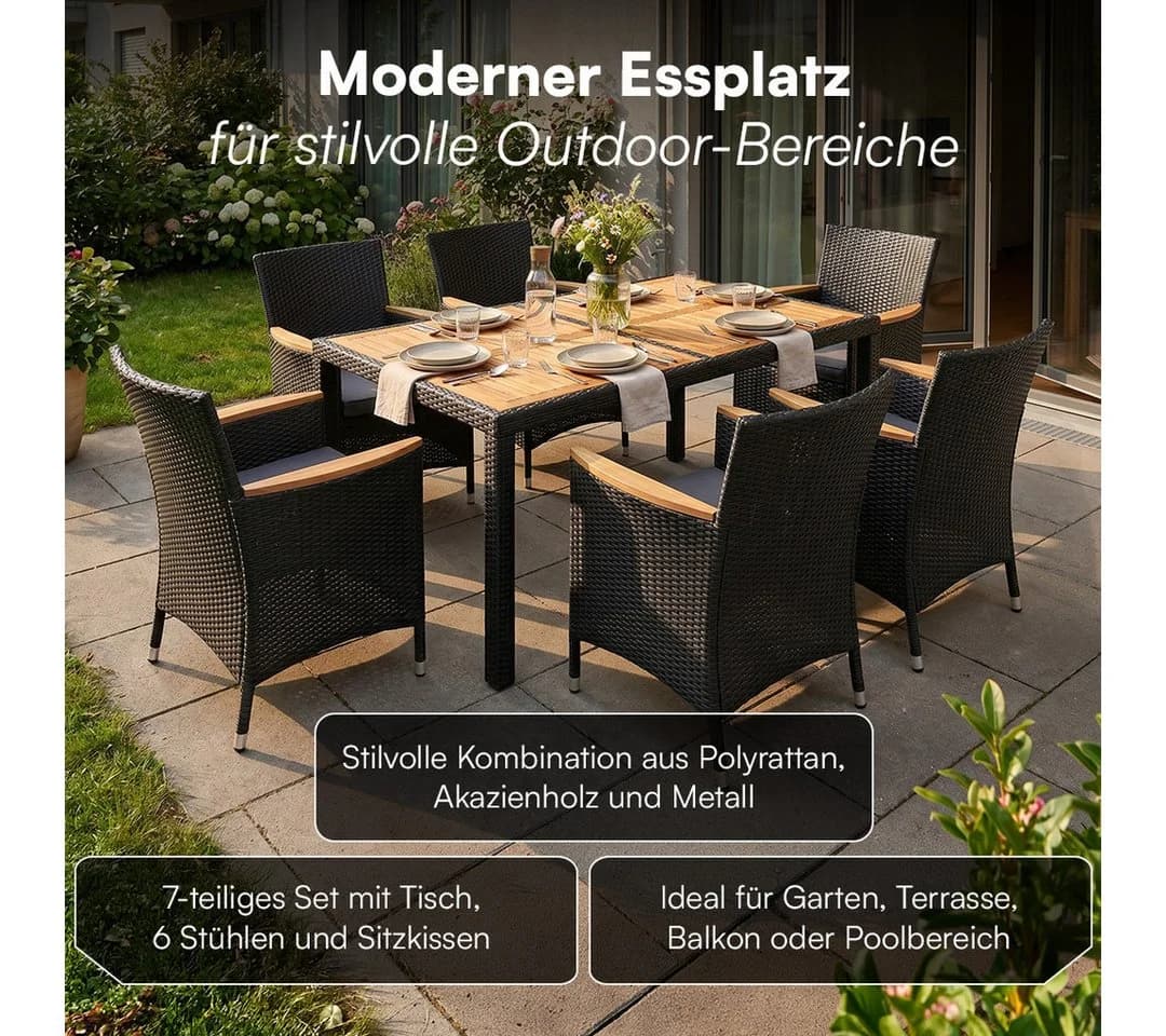 STEELSØN Garten-Essgruppe Fawaris Schwarz Polyrattan Akazienholz 7-tlg.
