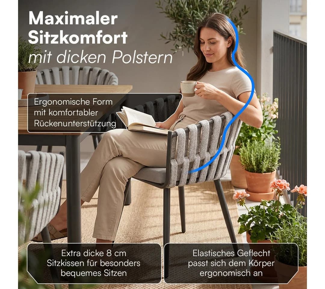 STEELSØN Gartenstuhl Tarian 2er-Set Hellgrau mit Kissen