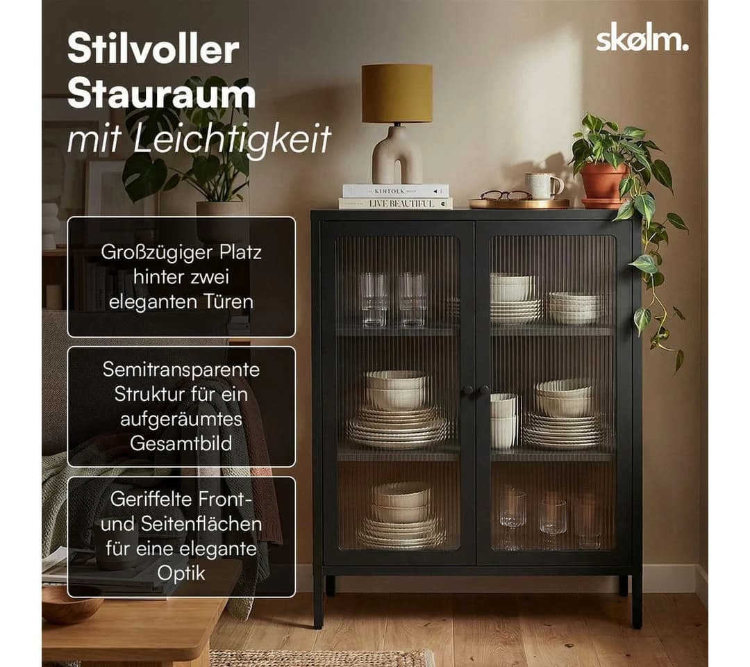 skølm Highboard Norns Vitrinenschrank Schwarz Metall mit Glastüren