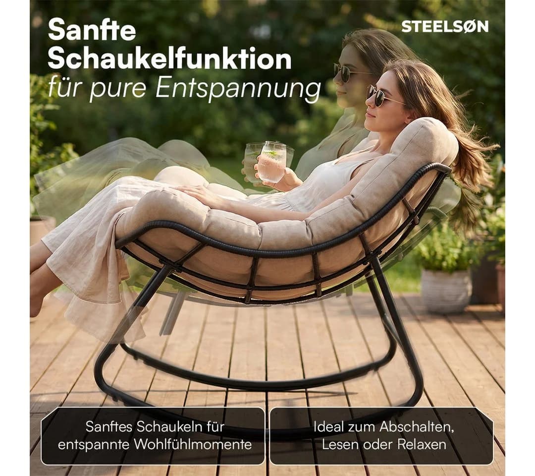 STEELSØN Schaukelstuhl Veldora Beige Polyrattan mit Kissen