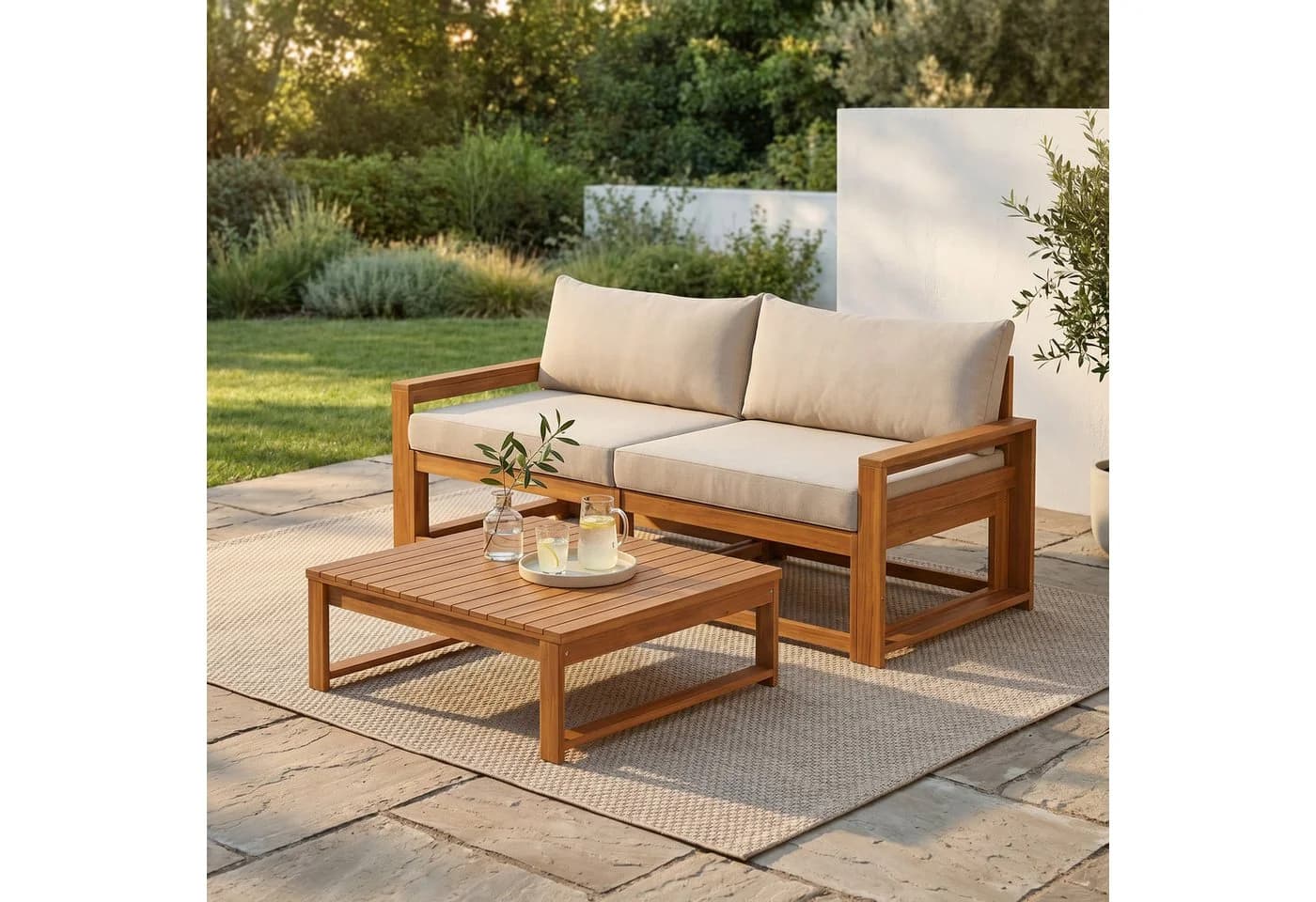 STEELSØN Gartenlounge-Set Mizaru 2-Sitzer mit Tisch Akazienholz Beige