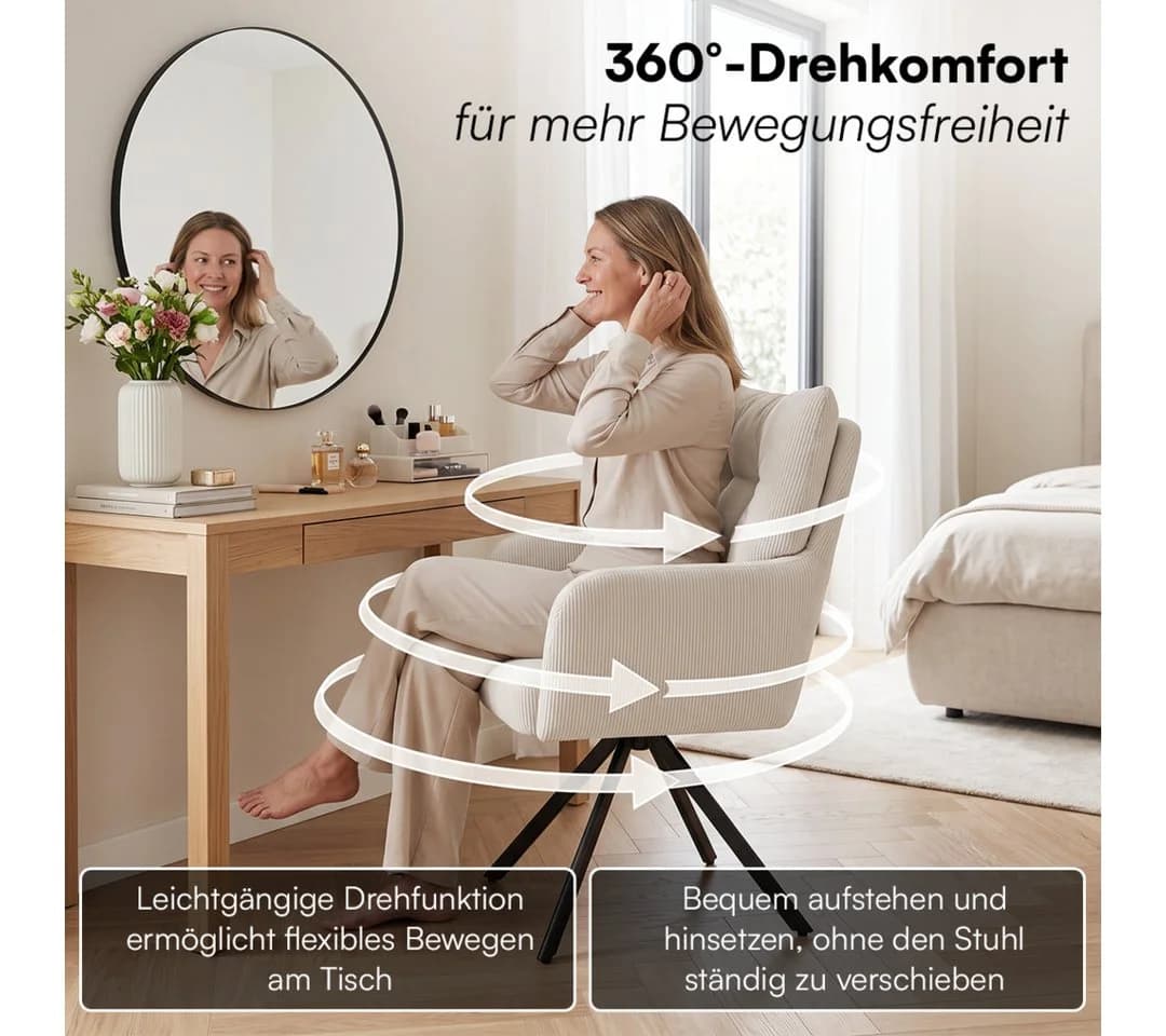 skølm Esszimmerstuhl Arvakr 4er-Set Cord Creme-Weiß 360° drehbar