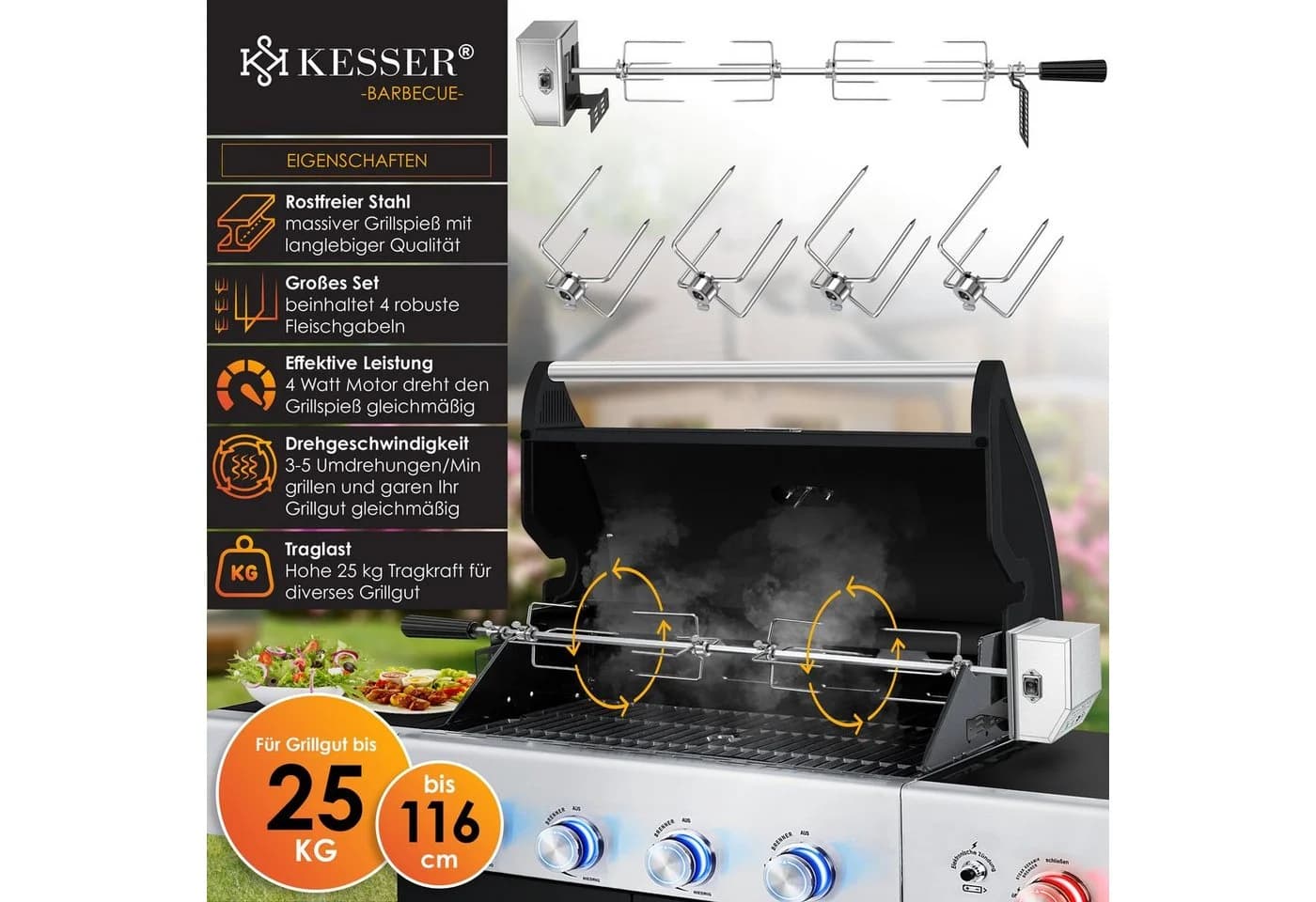 KESSER Grillspieß Set 116cm mit Motor, 4 Fleischgabeln, 25kg Tragkraft, Rostfrei