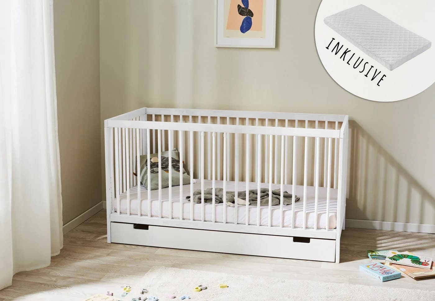 Kids Collective Babybett Weiß mit Schublade und Matratze