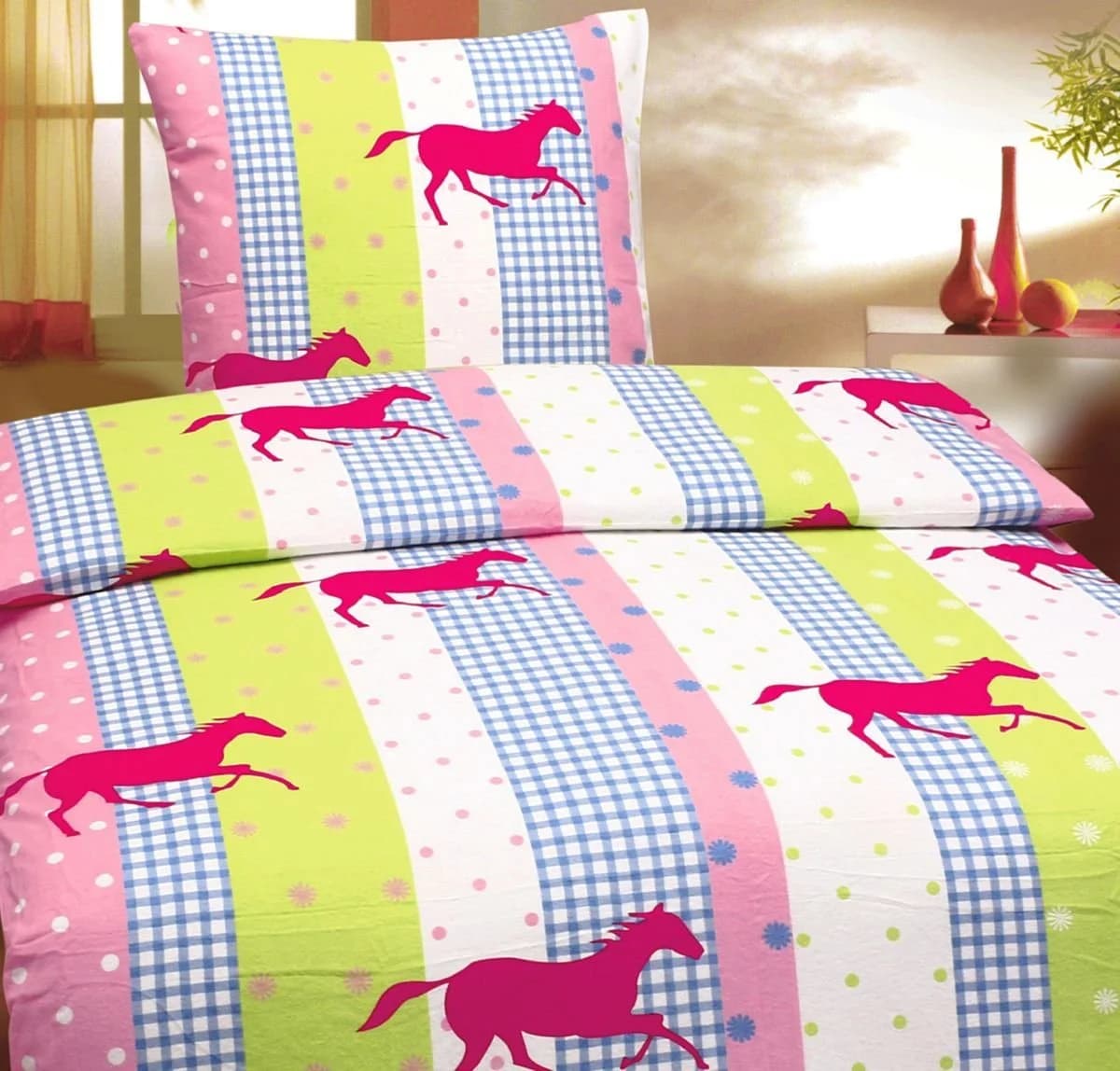 JACK Kinderbettwäsche Renforcé Linon 2-tlg. 135x200cm Pferde Streifen Punkte Bunt