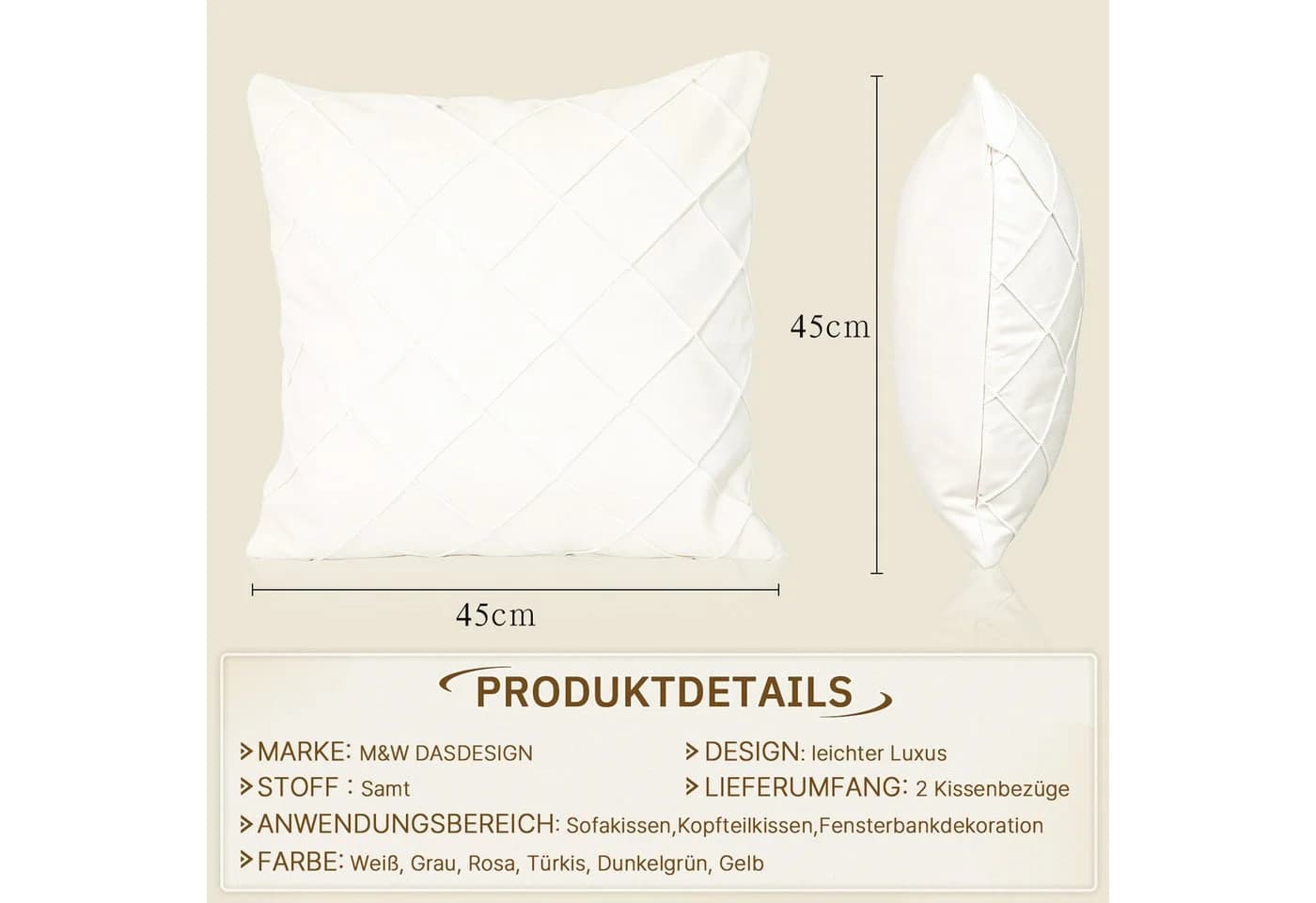 M&W DAS DESIGN Kissenbezug Samt Rautenmuster 45x45cm 2er