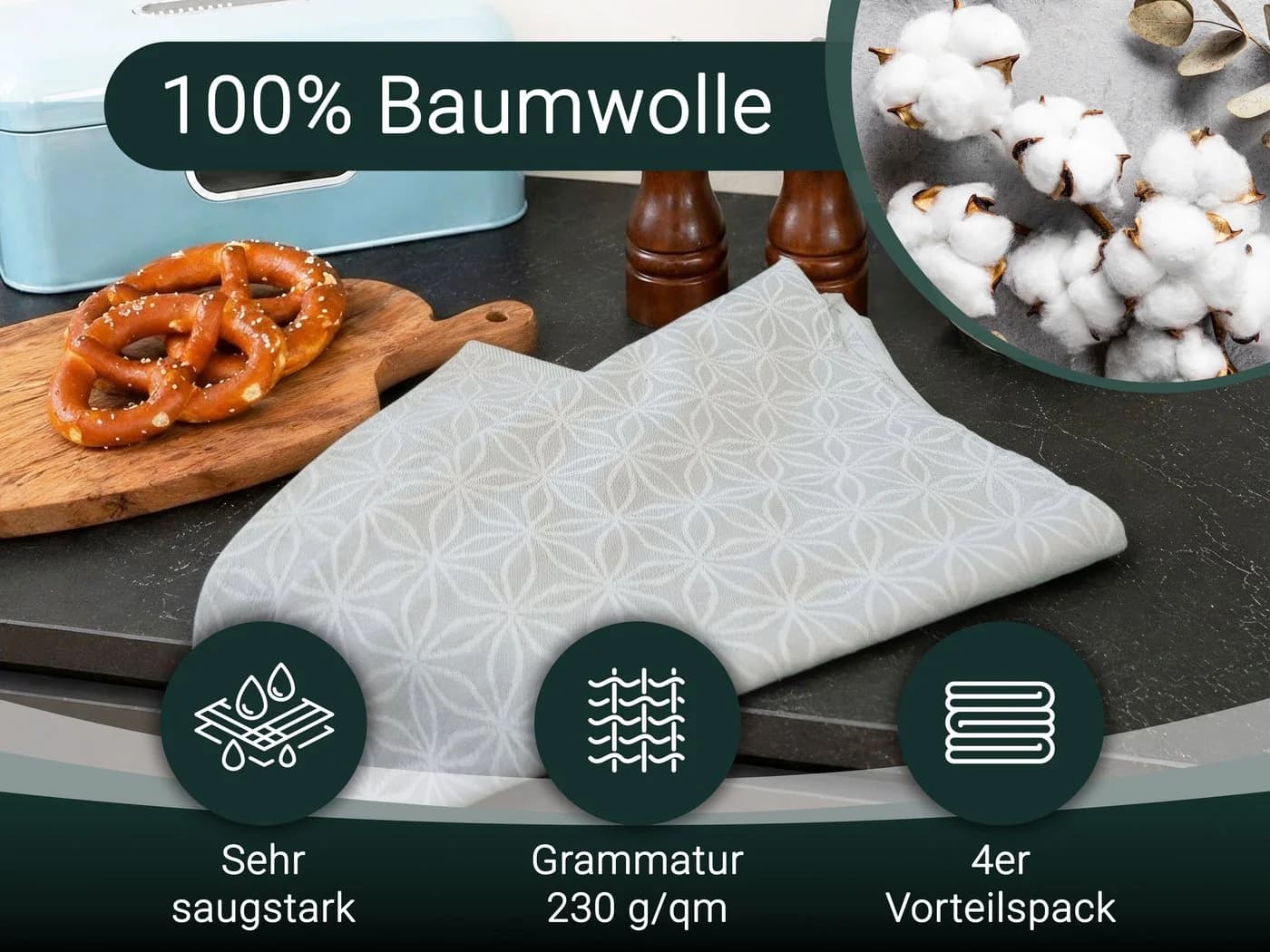 ZOLLNER Geschirrtuch 4-tlg. Grau Mandala 100% Baumwolle
