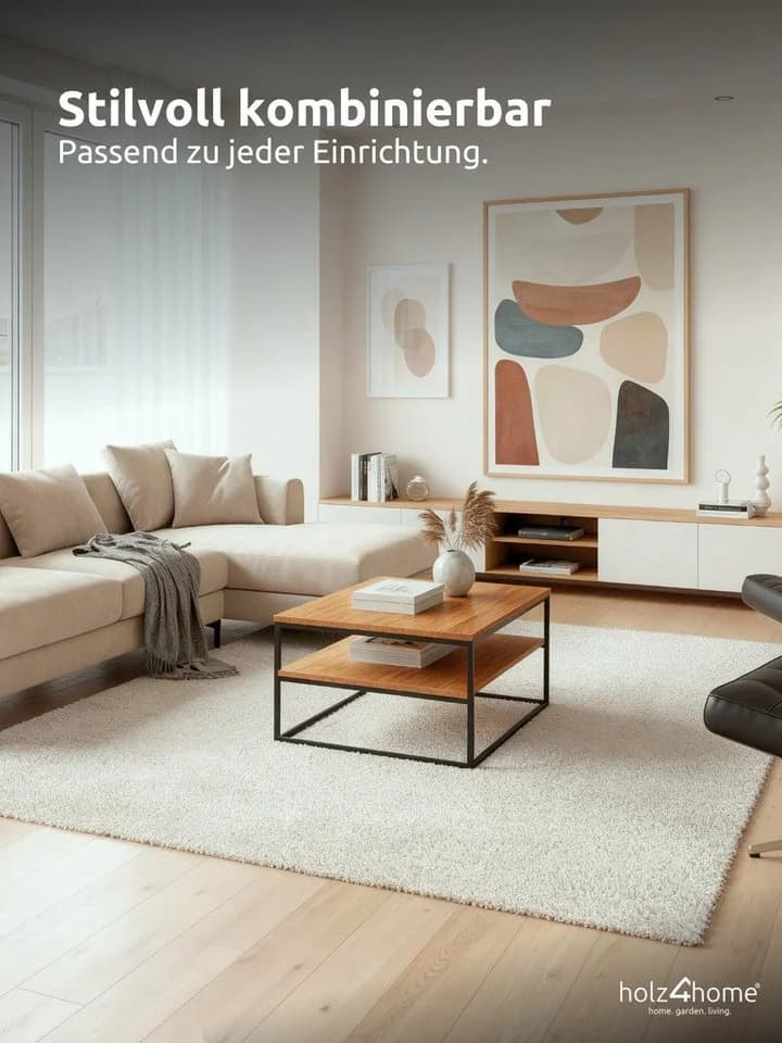 holz4home Couchtisch Beistelltisch Eichenholz Massivholz mit zwei Ablagen