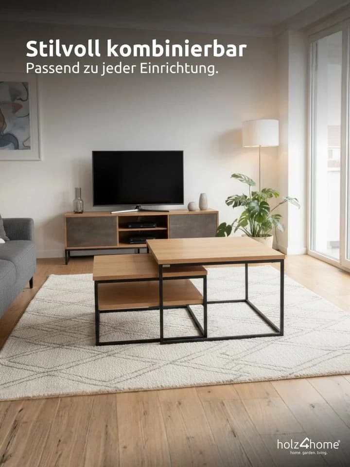 holz4home Couchtisch 2er Set Eiche Massivholz Ausziehbar