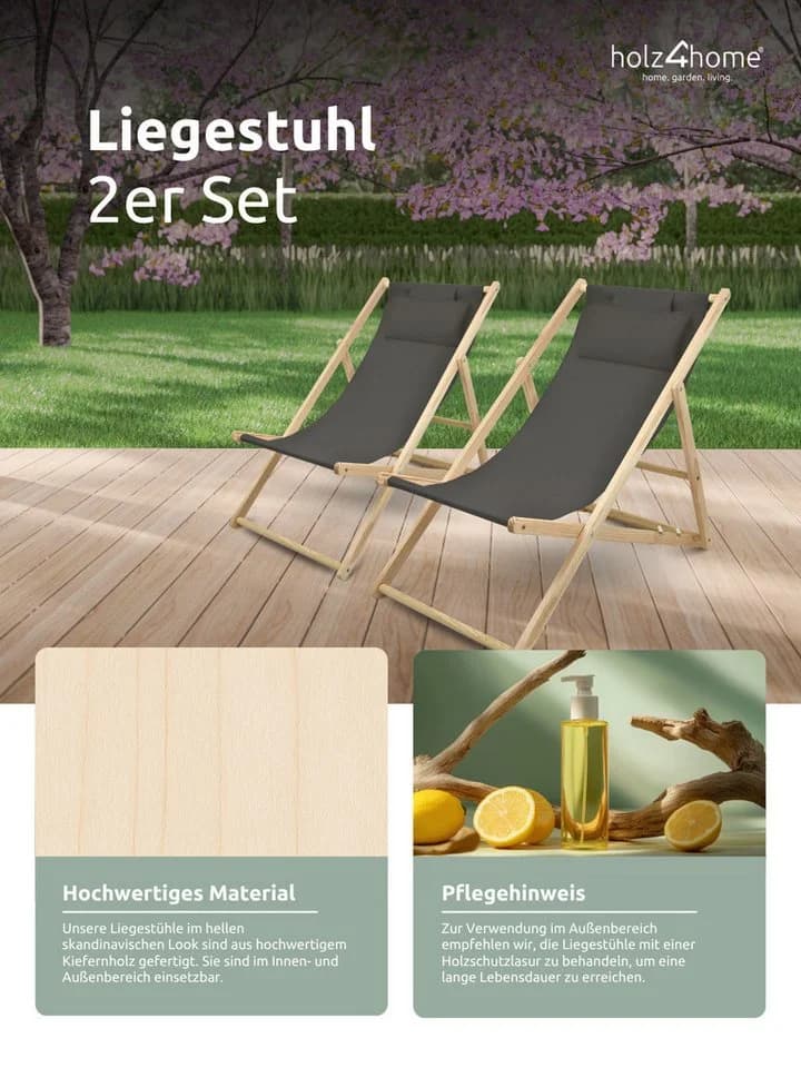 holz4home® Gartenstuhl 2er Set Liegestuhl klappbar Anthrazit