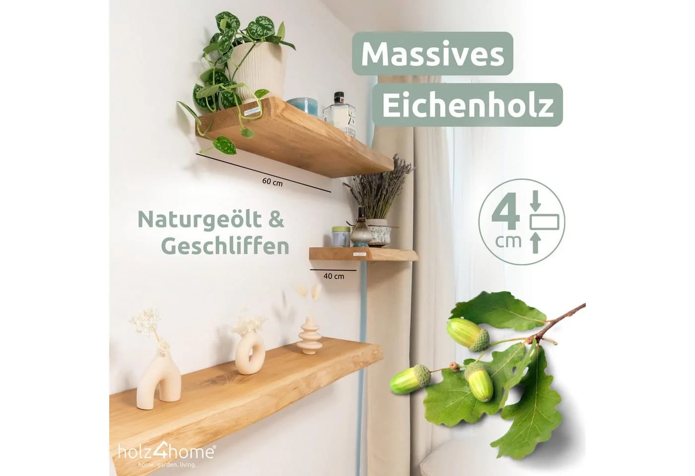 holz4home® Wandregal aus Massivholz Eiche Natur Schwebendes Regal