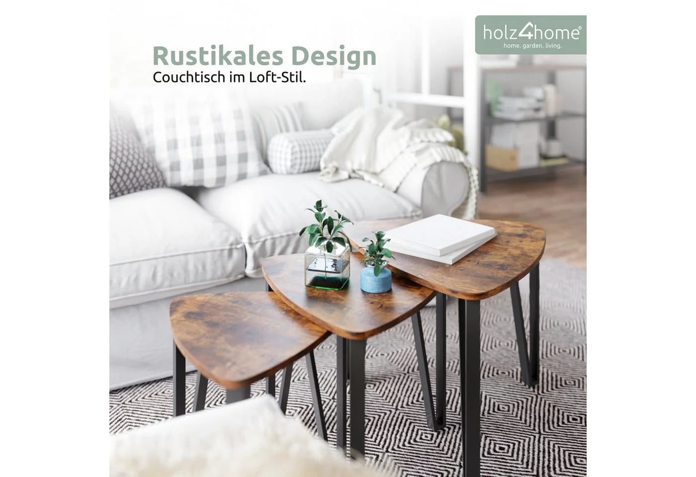 holz4home® Couchtisch Radon 3er Set Beistelltische Industrial-Look Braun