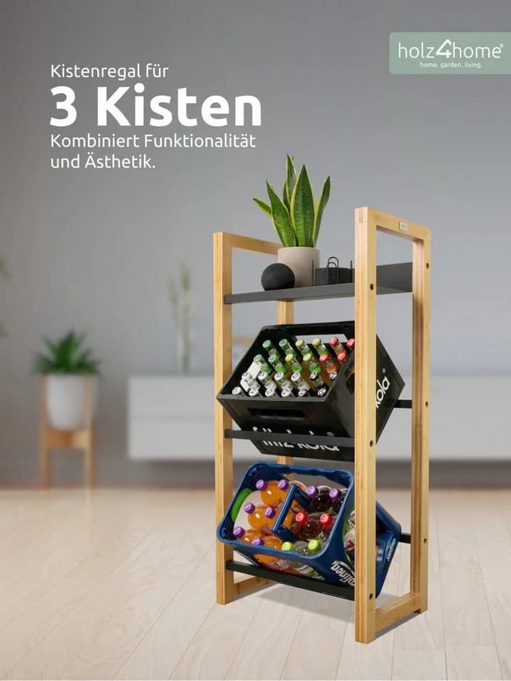 holz4home® Getränkekistenregal Bambus Schwarz Metallstreben