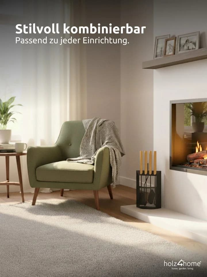 holz4home® Kamingarnitur Kaminbesteck 6-tlg. Schwarz mit Holzgriff inkl. Ofenhandschuh