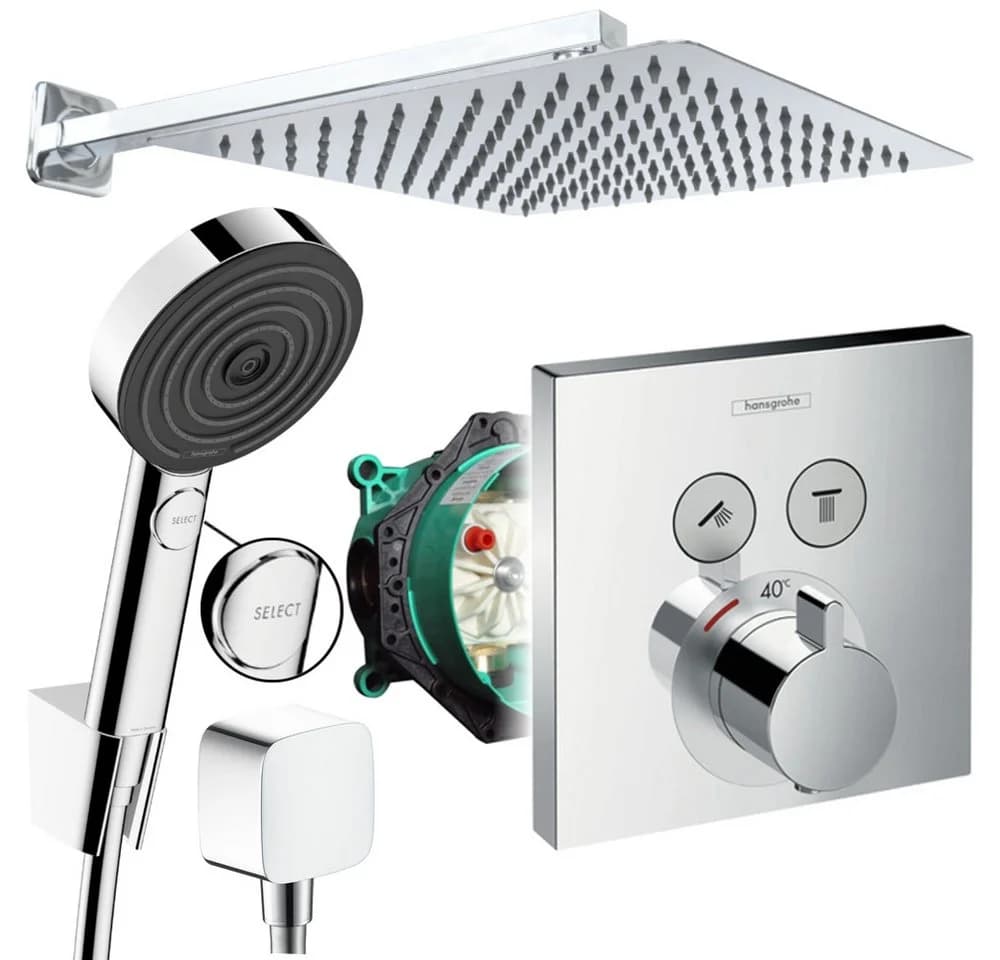 Hansgrohe und Jowi Duscharmatur ShowerSelect Thermostat, Unterputz-Duschsystem mit Kopfbrause, Pulsify