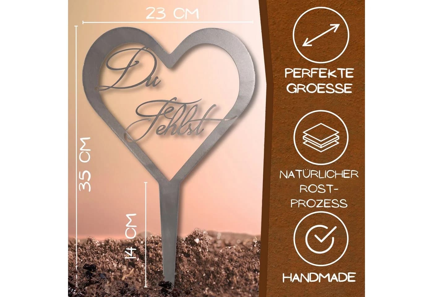 Rostikal Grabschmuck Herz Metallschild mit Gravur Du Fehlst / Unvergessen