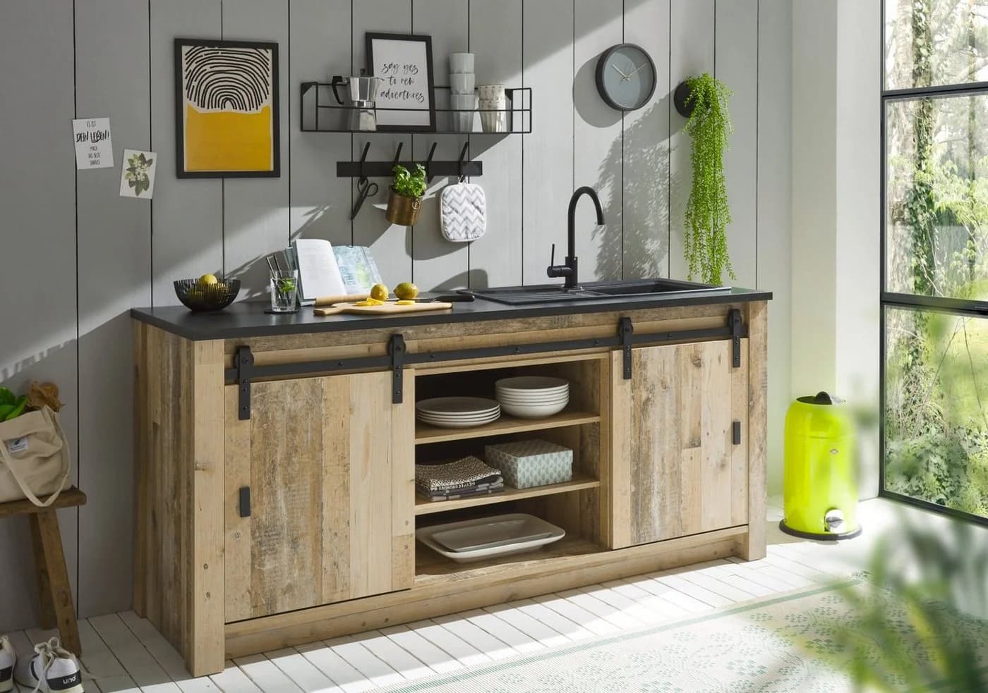 Furn.Design Spülenunterschrank Stove Used Wood Vintage Anthrazit