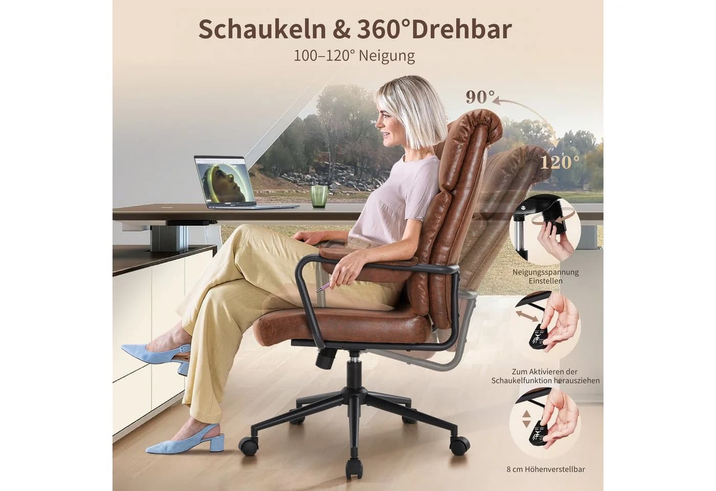 IWMH Bürostuhl Ergonomischer Chefsessel Retro PU-Leder Drehstuhl