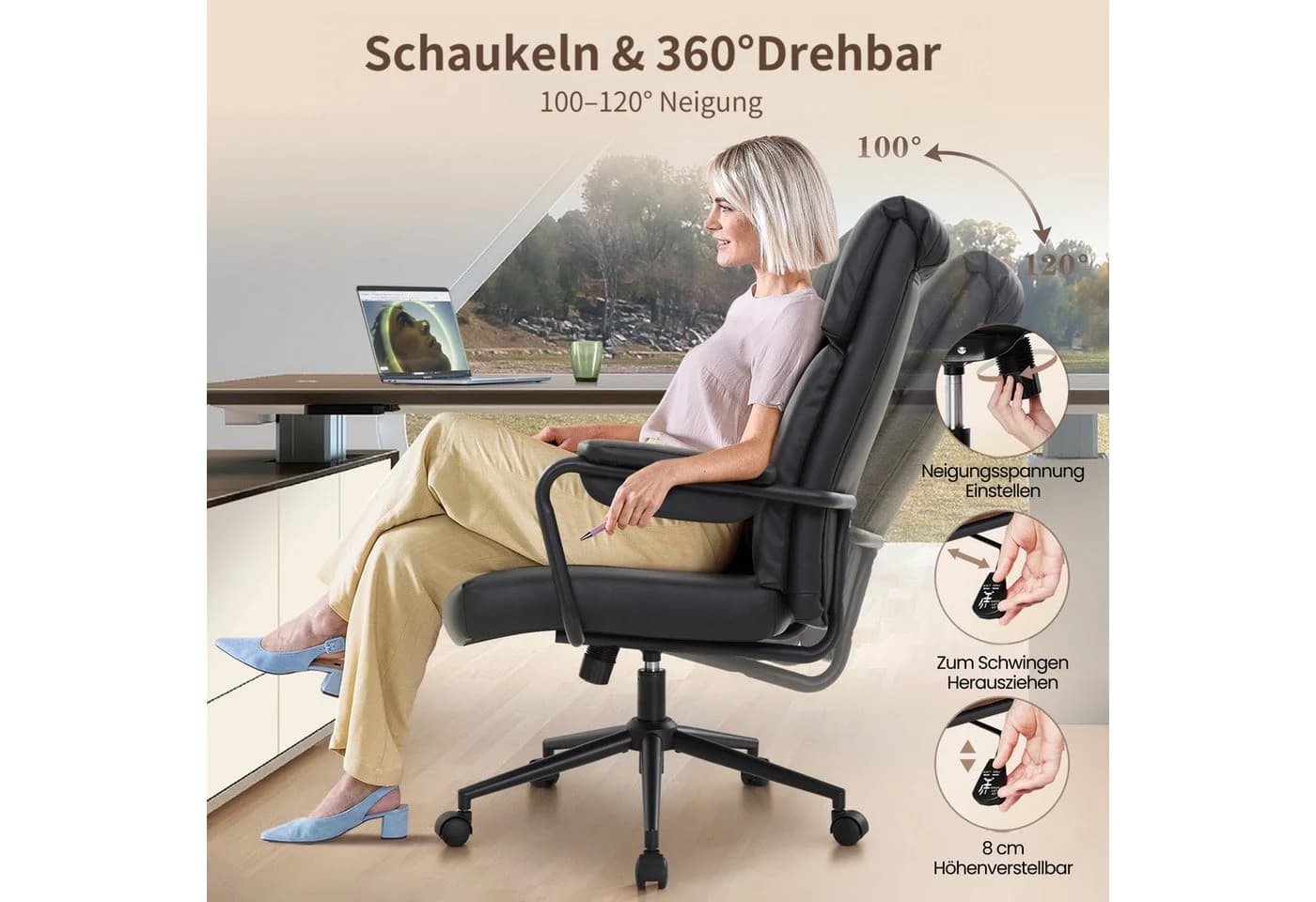 IWMH Bürostuhl Ergonomischer Chefsessel Retro PU-Leder Schwarz