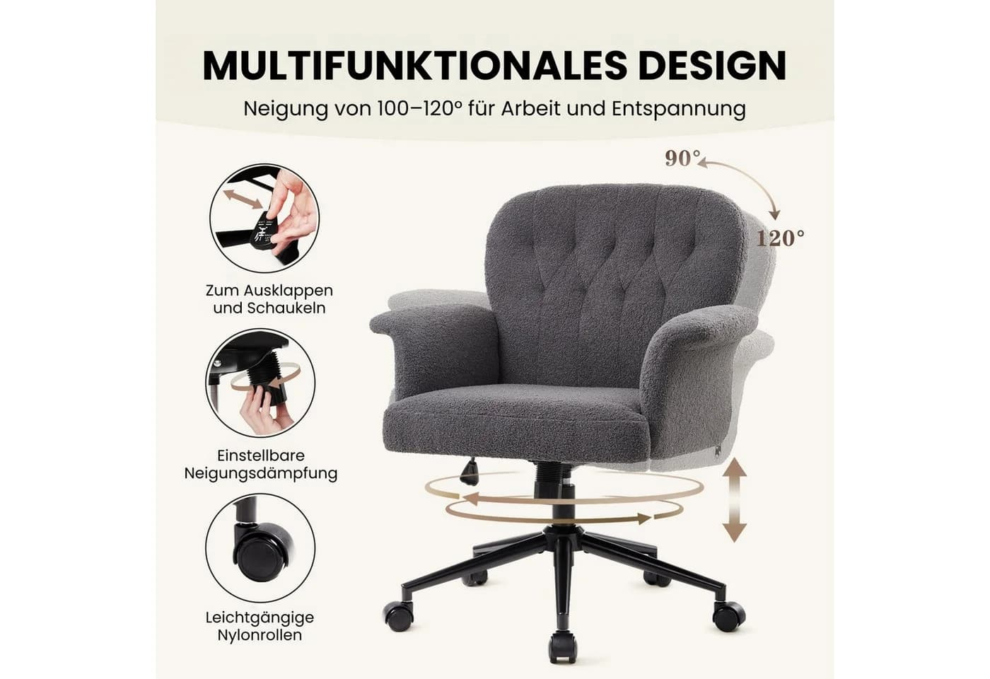 IWMH Bürostuhl Höhenverstellbar Dunkelgrau Teddystoff