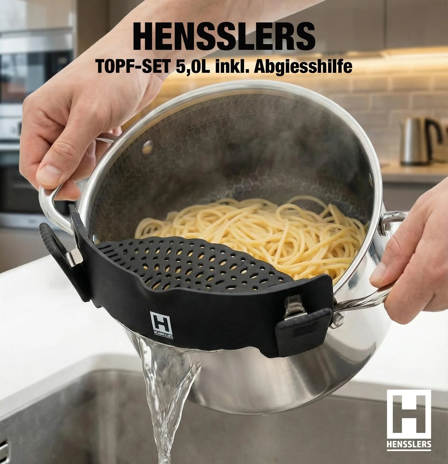 HENSSLERS Kochtopf 5L mit Abgießhilfe Edelstahl Silber