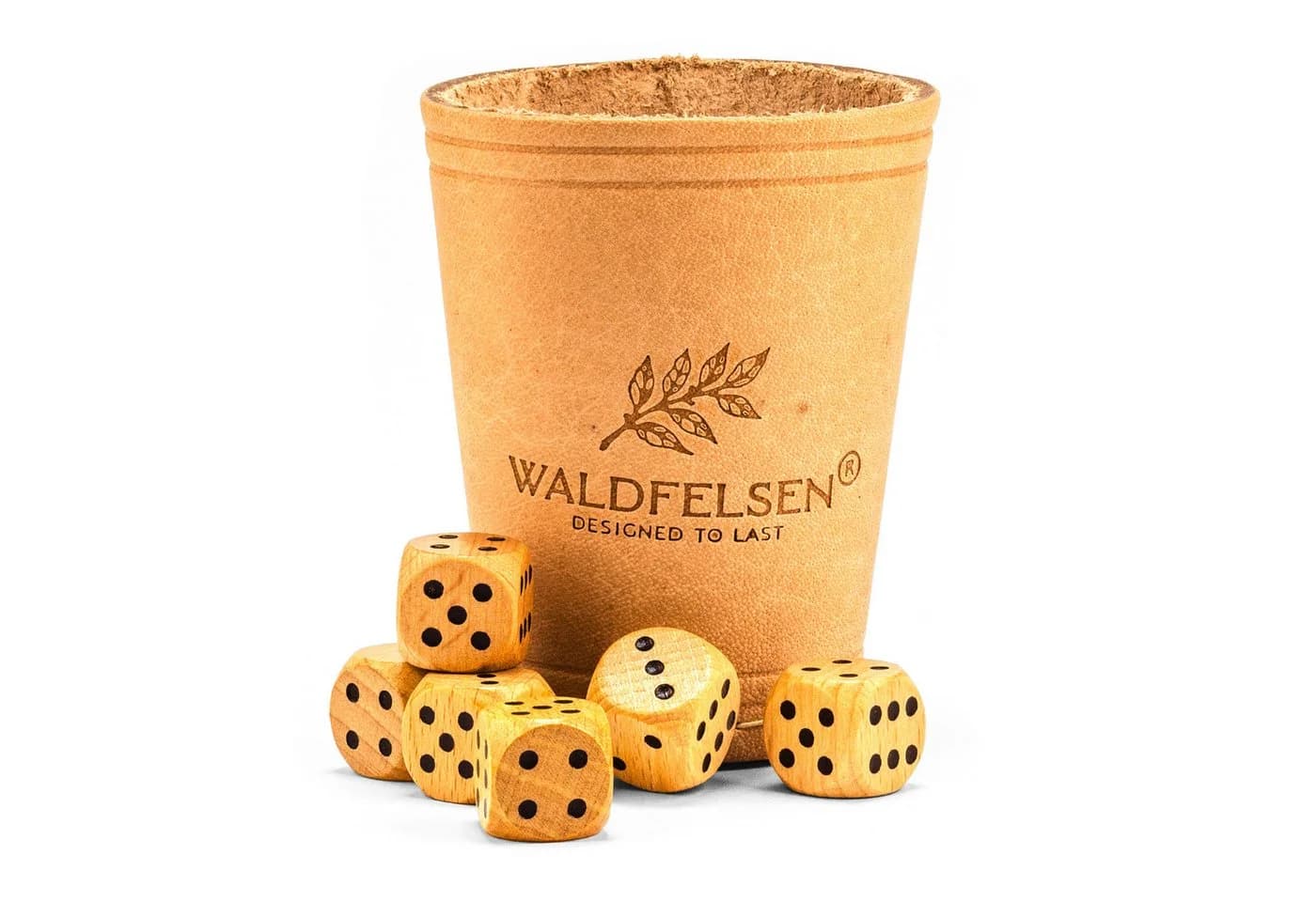 Waldfelsen Spiel Würfelbecher Echtleder mit 6 Buchenholz-Würfeln