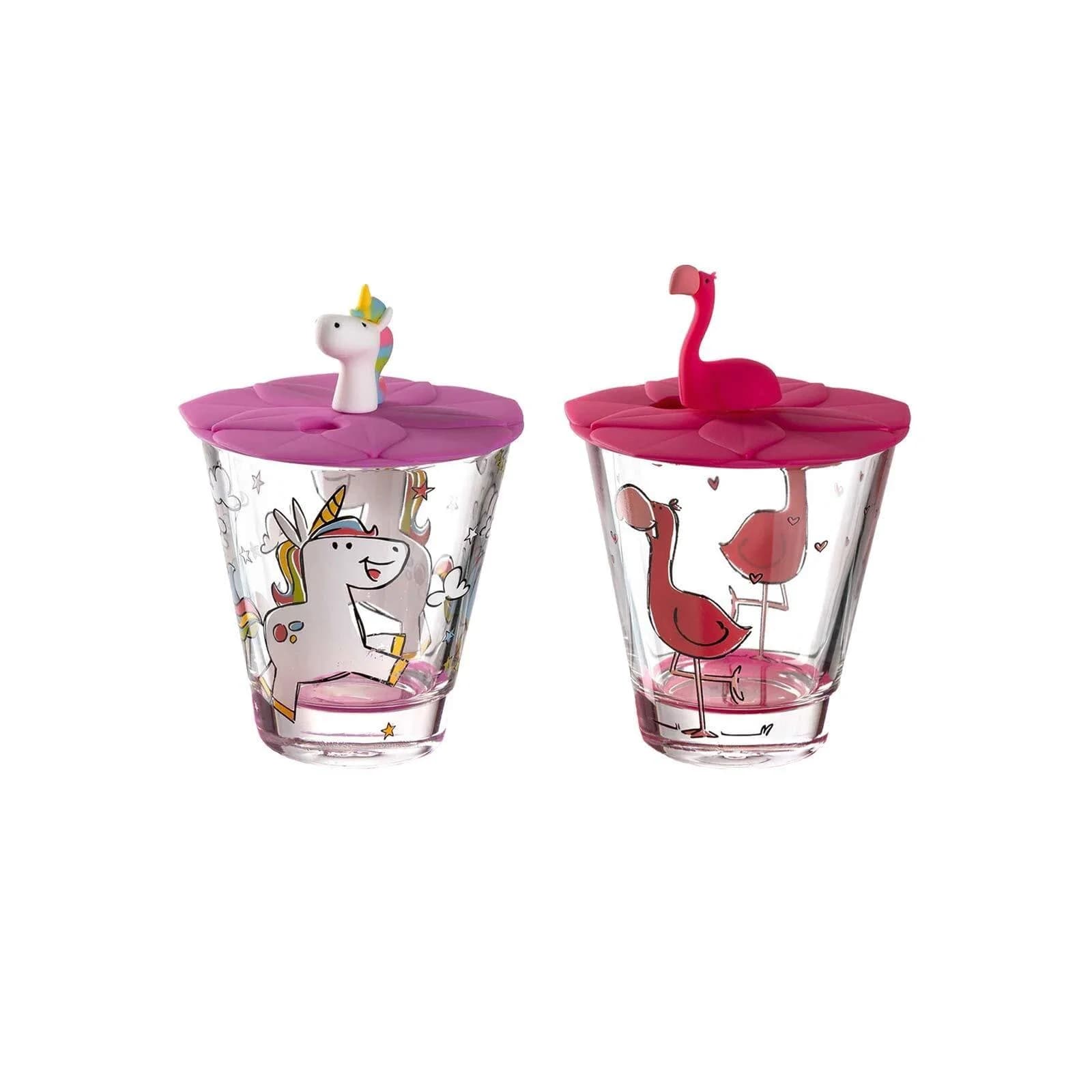 Leonardo Kinderbecher Bambini 2er Set mit Deckel bunt Einhorn Flamingo
