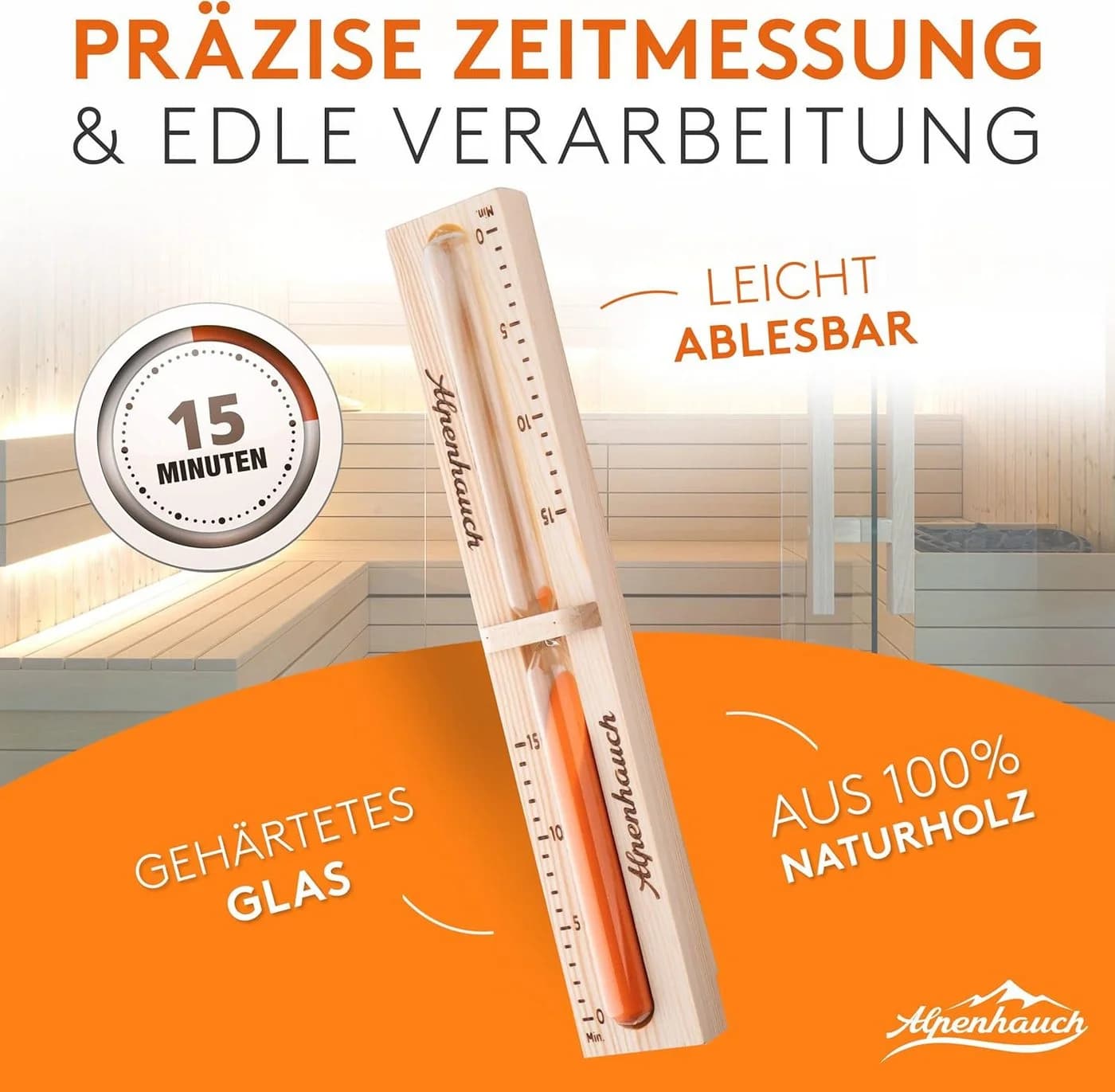 ALPENHAUCH Sauna-Sanduhr 15 Min. Naturholz mit Sicherheitsglas