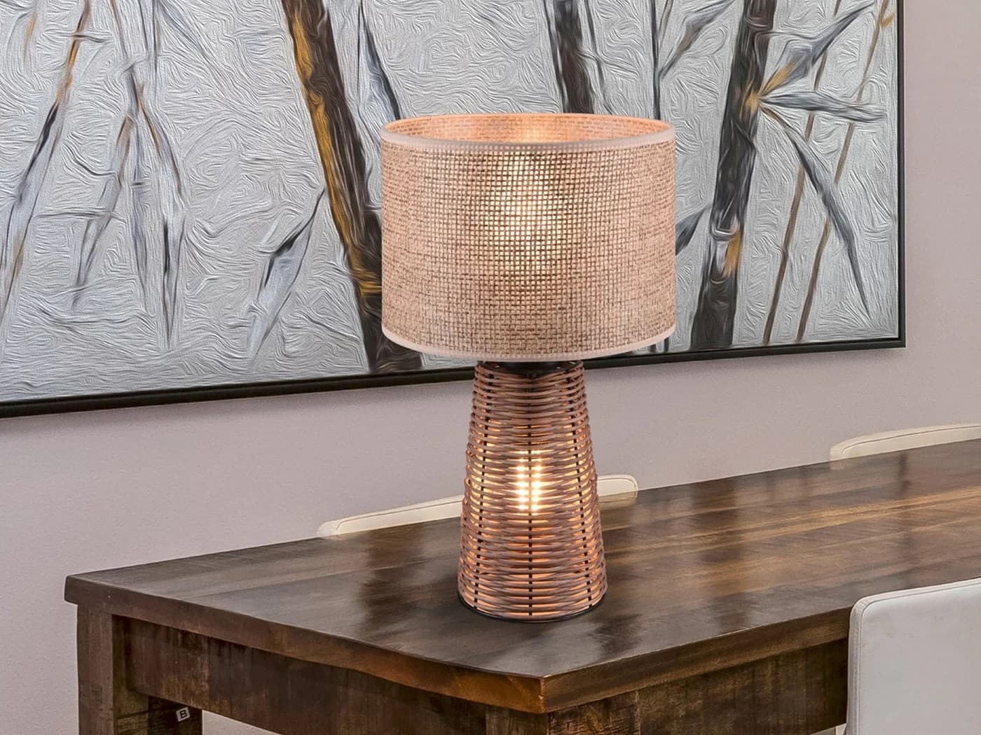 Reality Leuchten LED Nachttischlampe Braun Rattan Dimmbar