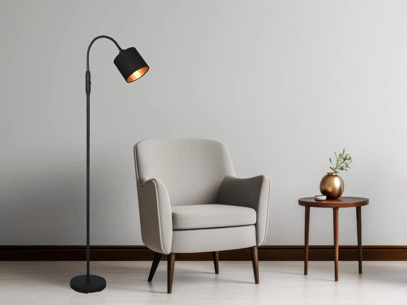 Reality Leuchten LED Stehlampe Flexarm Stoffschirm Schwarz Gold Dimmbar