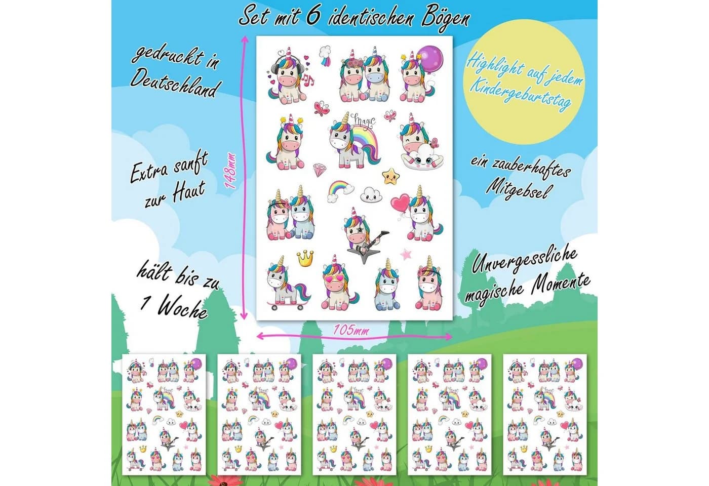 PUNALU Kindertattoo Einhorn Temporäre Tattoos für Kinder