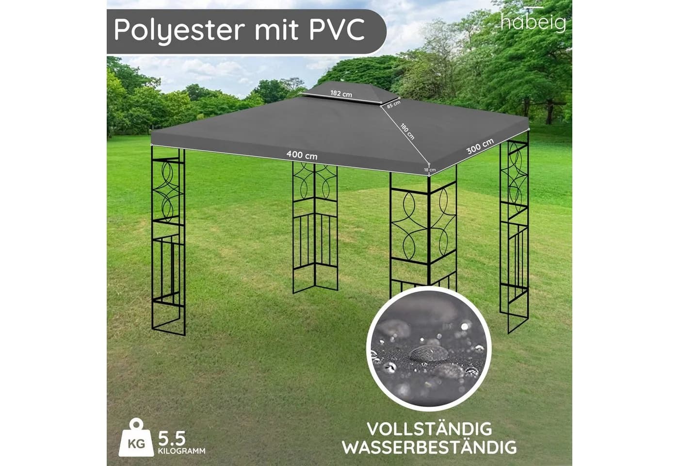 habeig Pavillon-Ersatzdach Wasserdicht PVC 3x4m Anthrazit