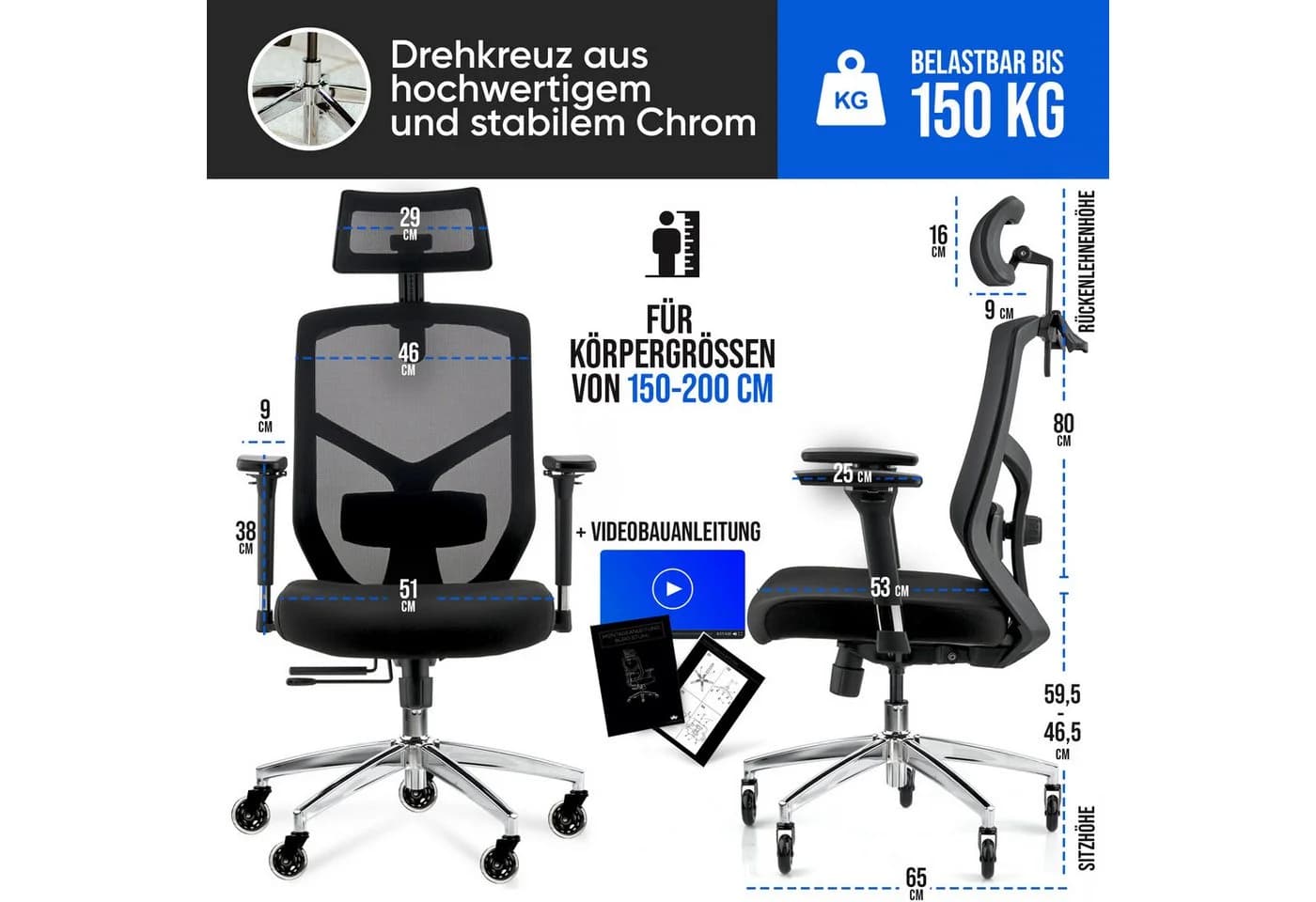 ELITESEATS Ergonomischer Bürostuhl Schwarz 150kg Belastbar Atmungsaktiv