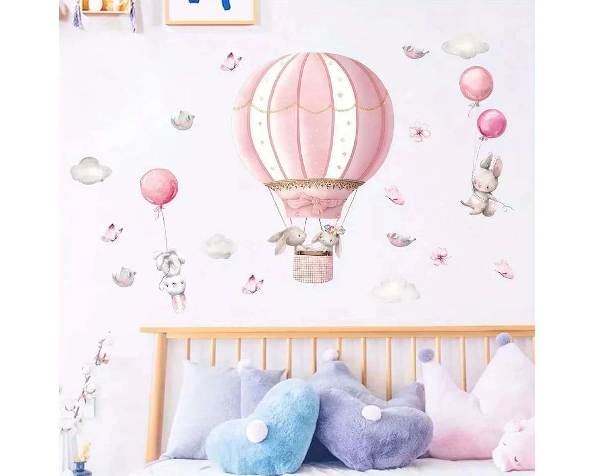 Montegoni Wandtattoo Kinder Rosa Kaninchen Ballons Wolken