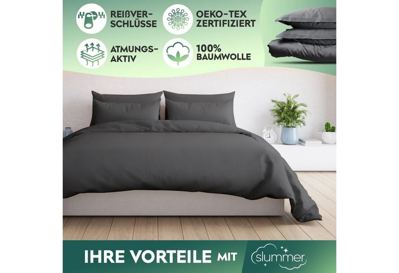 Slummer Bettwäsche 135x200 Grau 4-teilig Baumwolle Perkal
