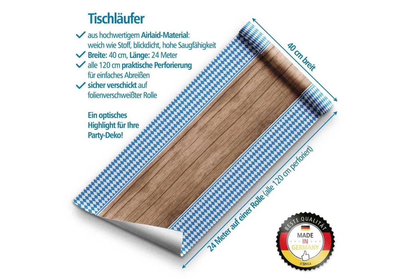 itenga Tischläufer Bayrisch Blau Weiß 24m