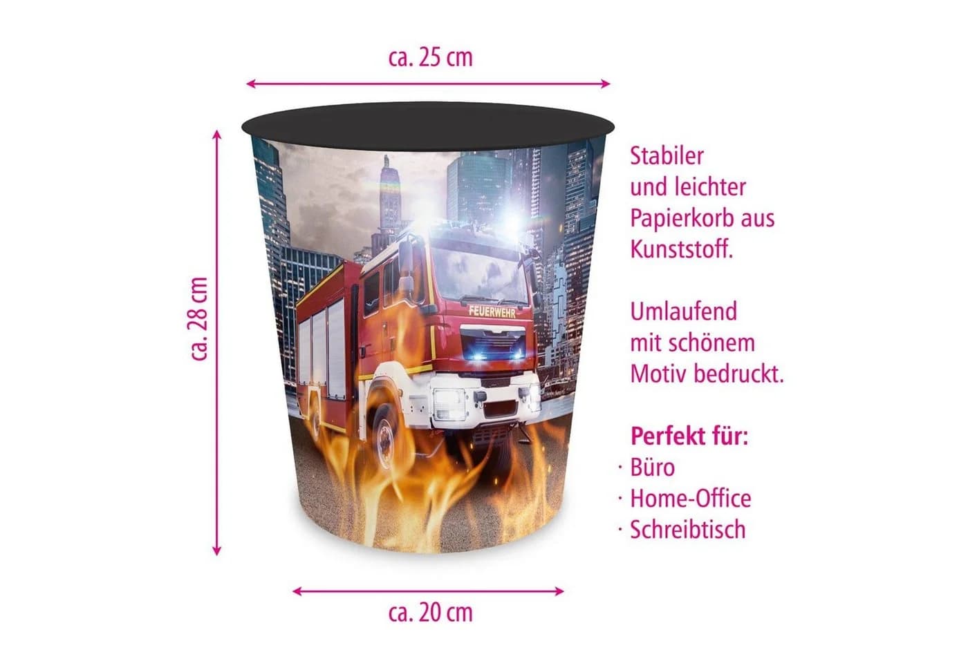 itenga Papierkorb für Kinder - Motiv Feuerwehr - ca. 11 Liter