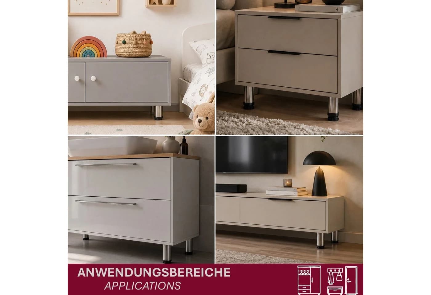 HOOZ Möbelfuß Edelstahl 80mm höhenverstellbar 4er Set gebürstet