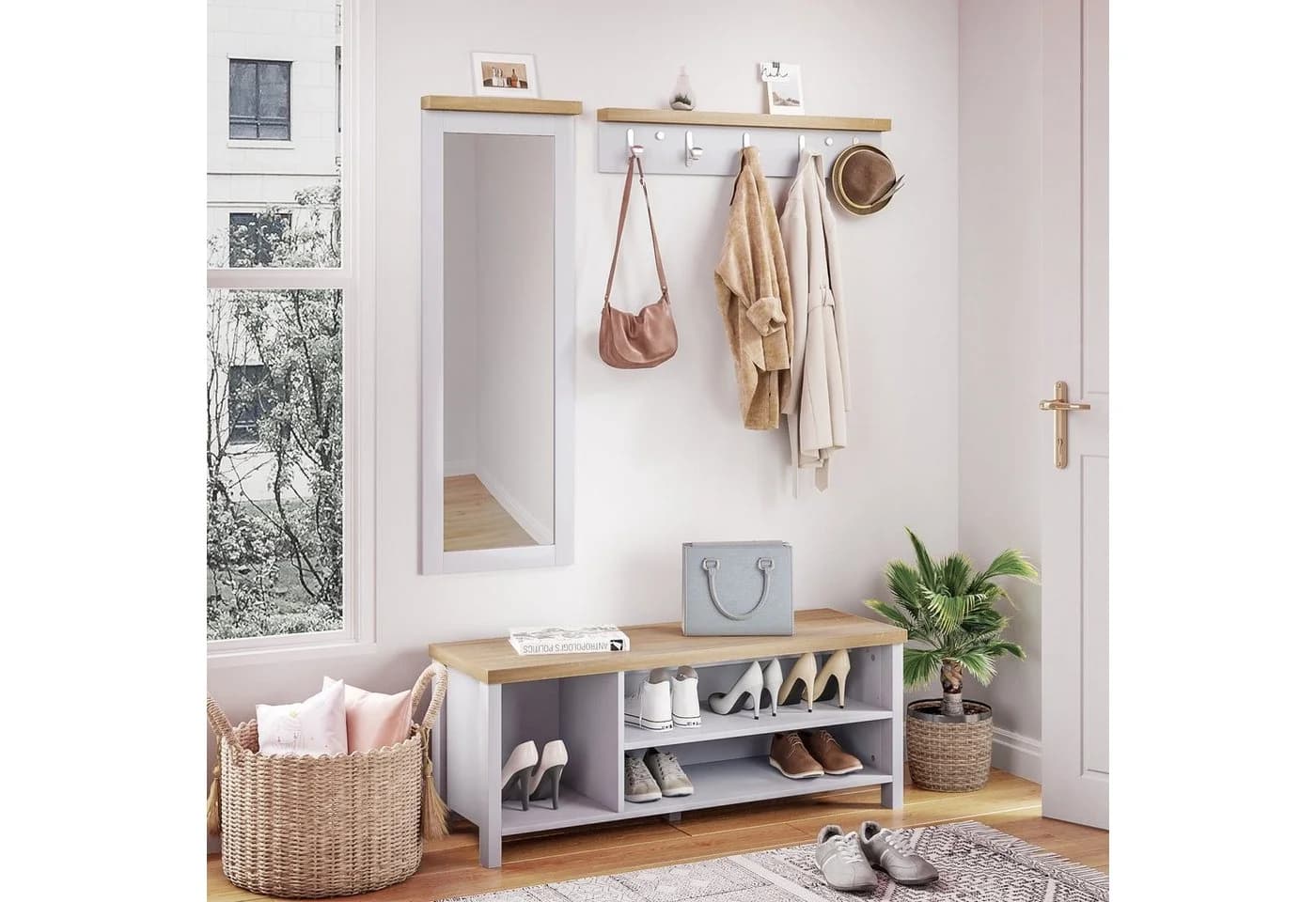Mondeer Garderoben-Set 3-tlg. Schuhbank Wandspiegel Wandgarderobe Grau+Natur