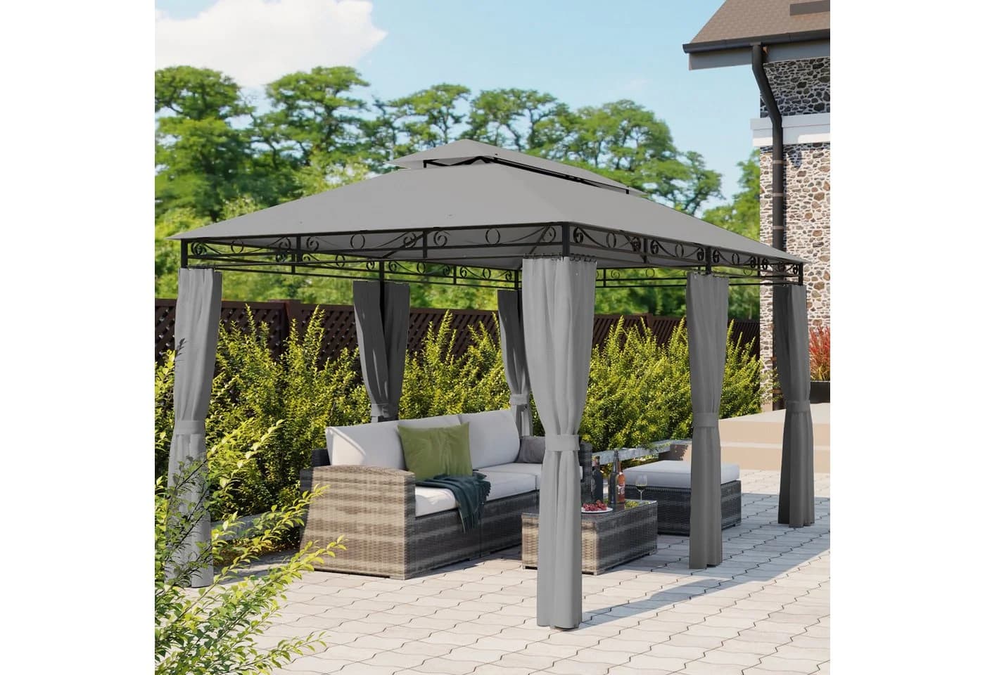 Mondeer Gartenpavillon Grau mit Seitenvorhängen und Stahlrahmen