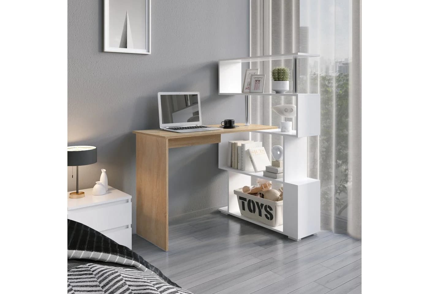 Mondeer Eckschreibtisch Drehbar mit Regal Weiß/Holz