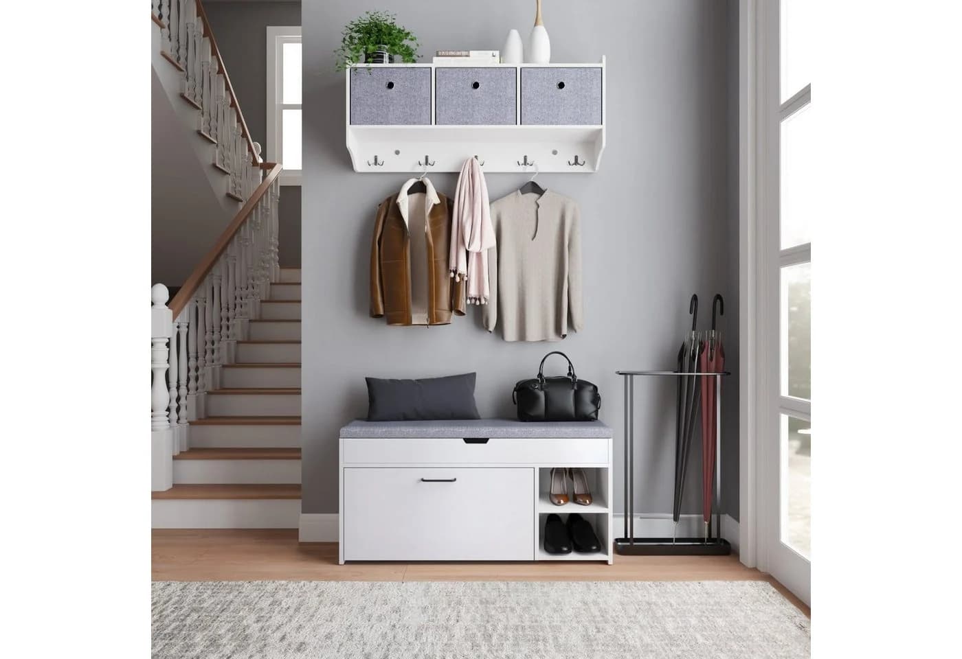 Mondeer Garderoben-Set Weiß mit Schuhbank und 5 Haken