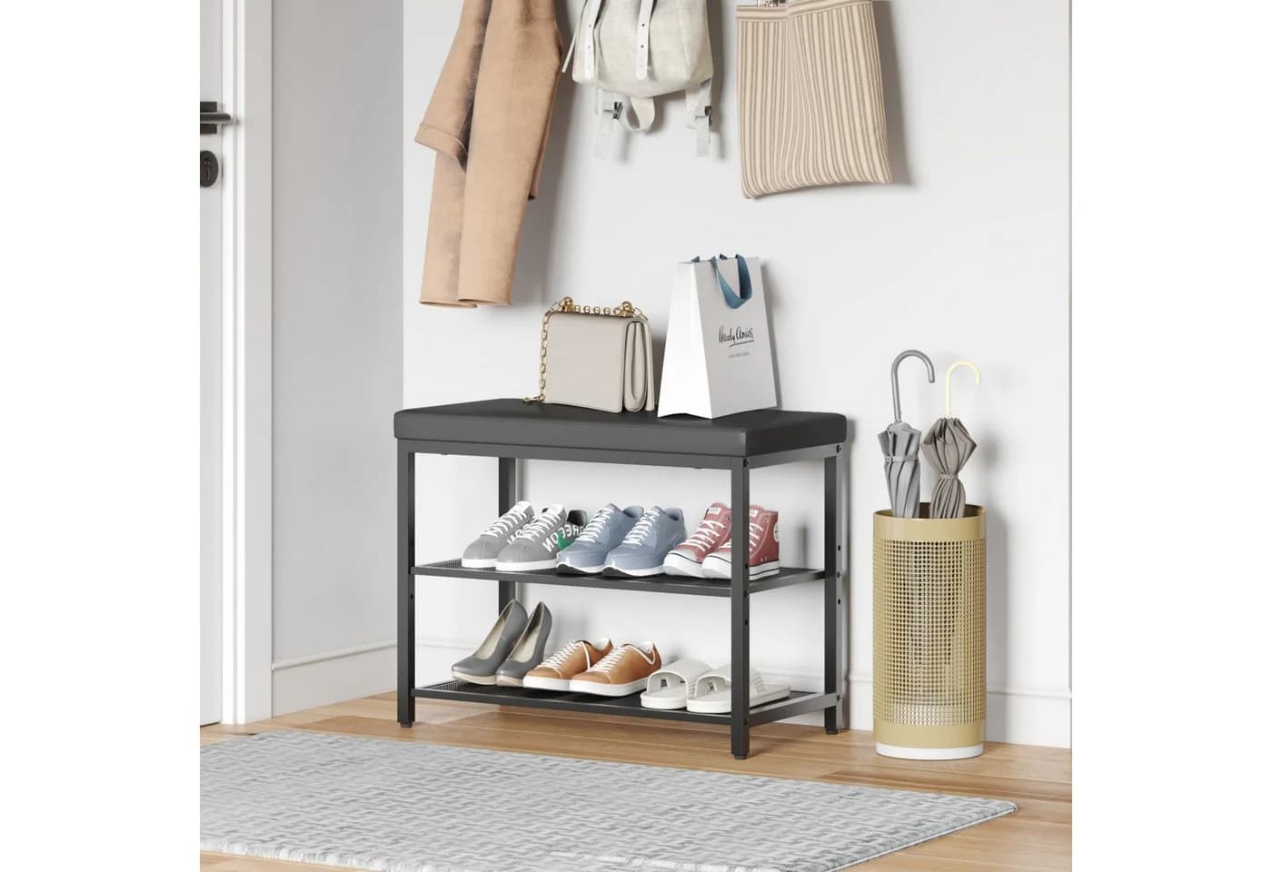 Mondeer Schuhbank Schwarz mit gepolstertem Kissen und 3-stufigem Netzregal