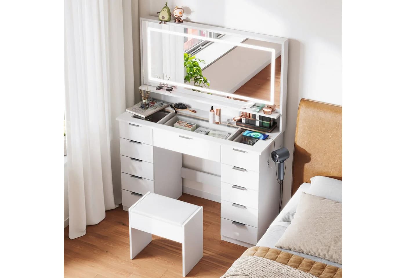 Mondeer Schminktisch-Set mit Hocker, LED & 11 Schubladen