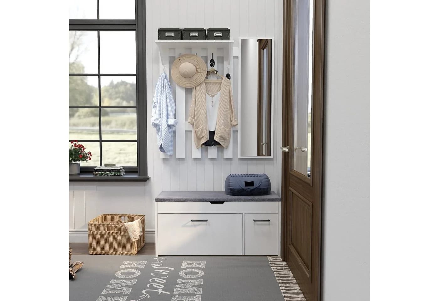 Mondeer Garderoben-Set (2-St) mit Schuhbank, Garderobenpaneel mit Spiegel und 5 Haken