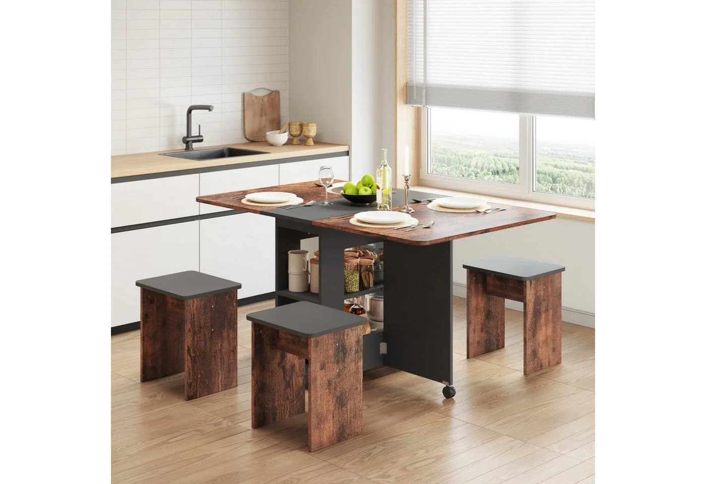 Mondeer Essgruppe Esstisch mit 4 Hockern Platzsparend 3-in-1-Funktion